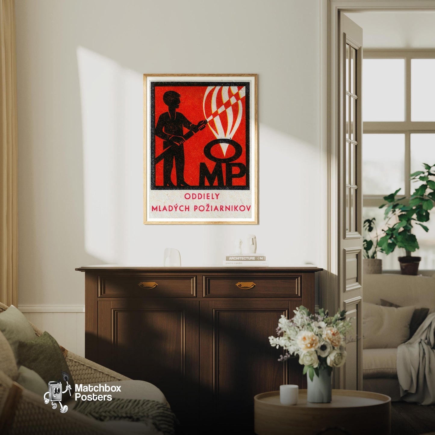 Firefighter with Hose - vintage matchbox label print - living room mockup