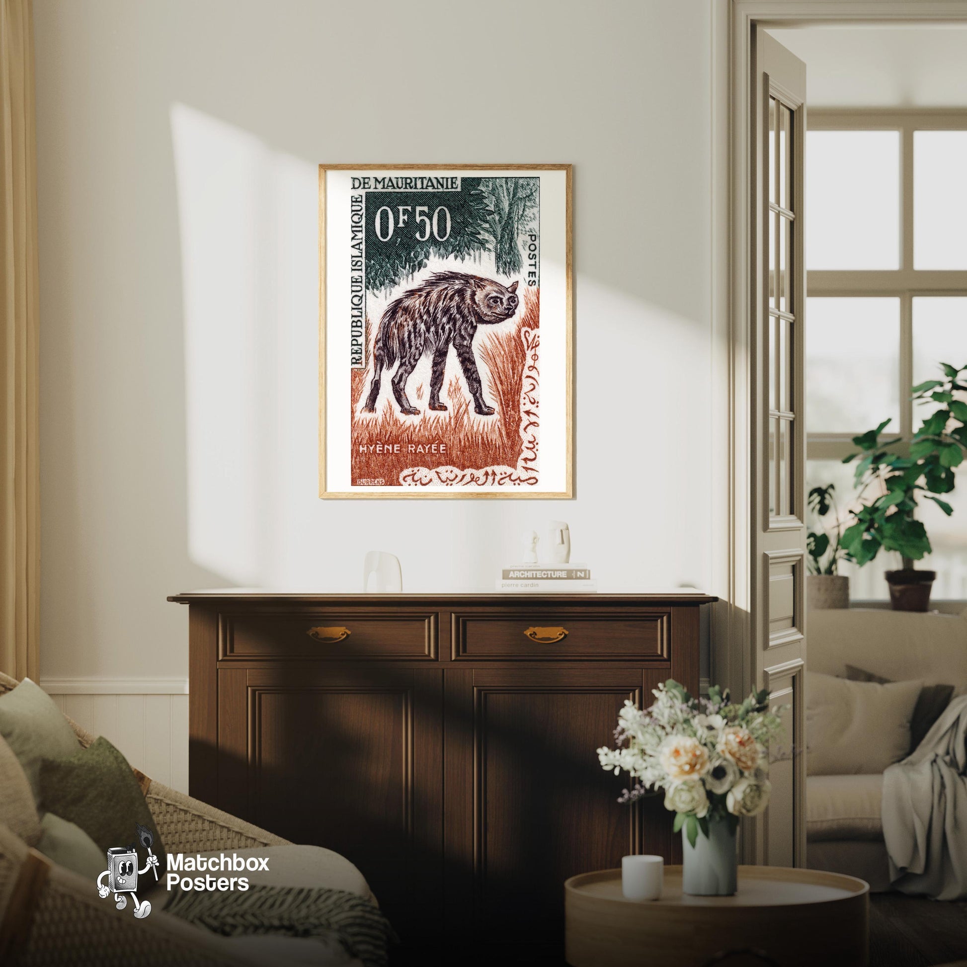 Striped Hyena - vintage matchbox label print - living room mockup