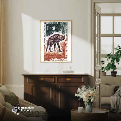 Striped Hyena - vintage matchbox label print - living room mockup