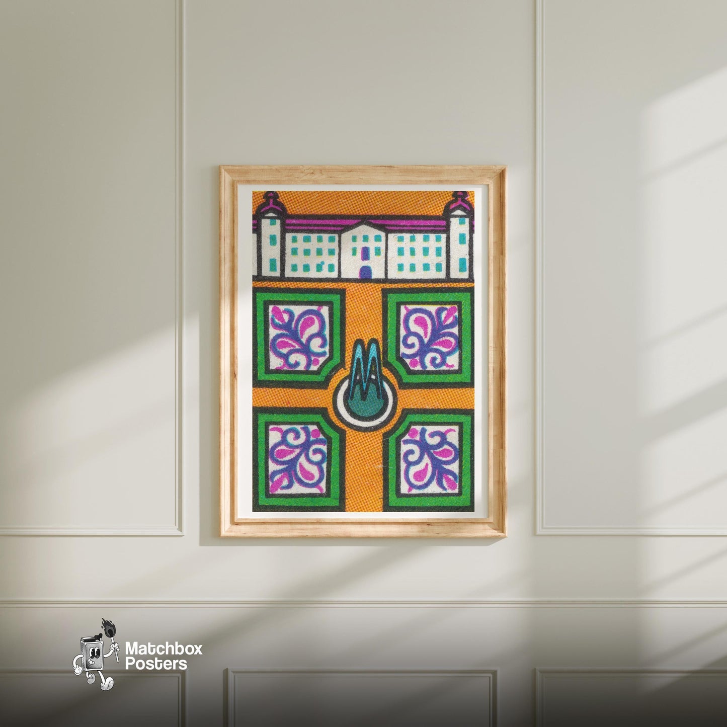 Symmetrican Gardens - vintage matchbox label print - bedroom mockup