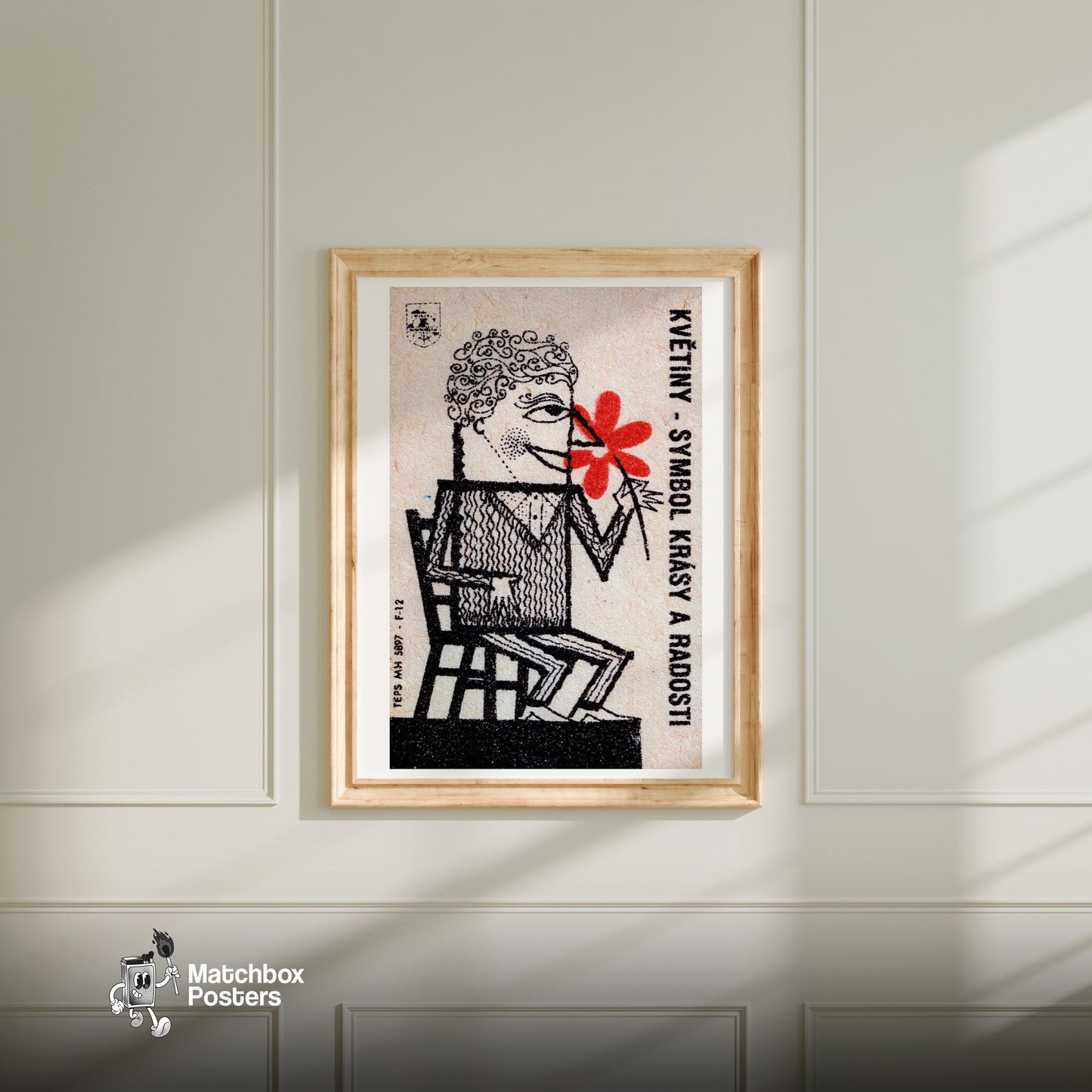 Man with Red Flowers - vintage matchbox label print - bedroom mockup