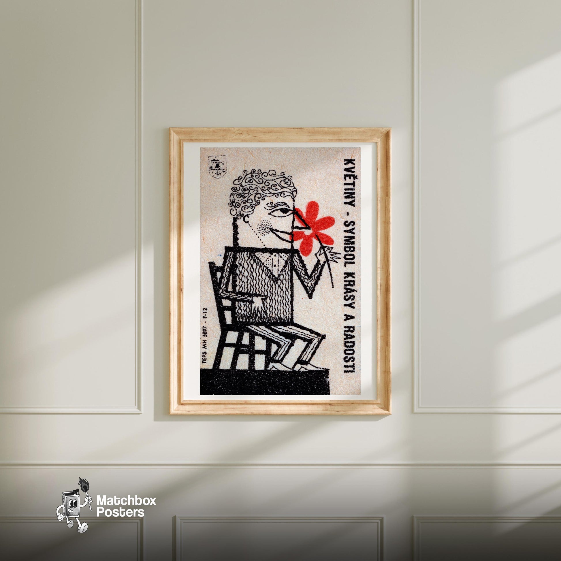 Man with Red Flowers - vintage matchbox label print - bedroom mockup