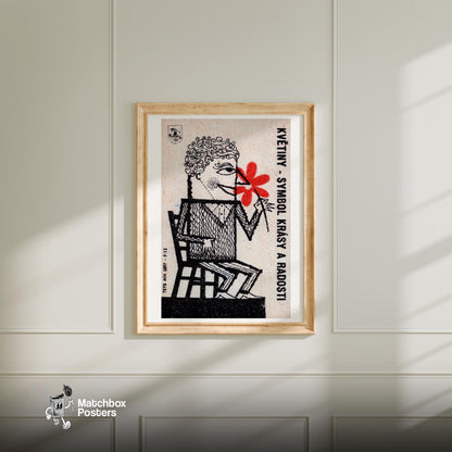 Man with Red Flowers - vintage matchbox label print - bedroom mockup