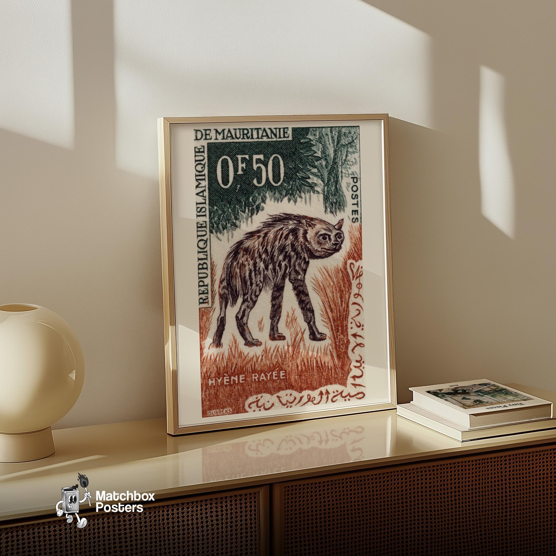 Striped Hyena - vintage matchbox label print - size comparison