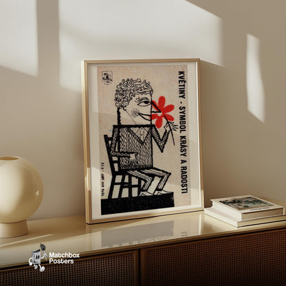 Man with Red Flowers - vintage matchbox label print - size comparison