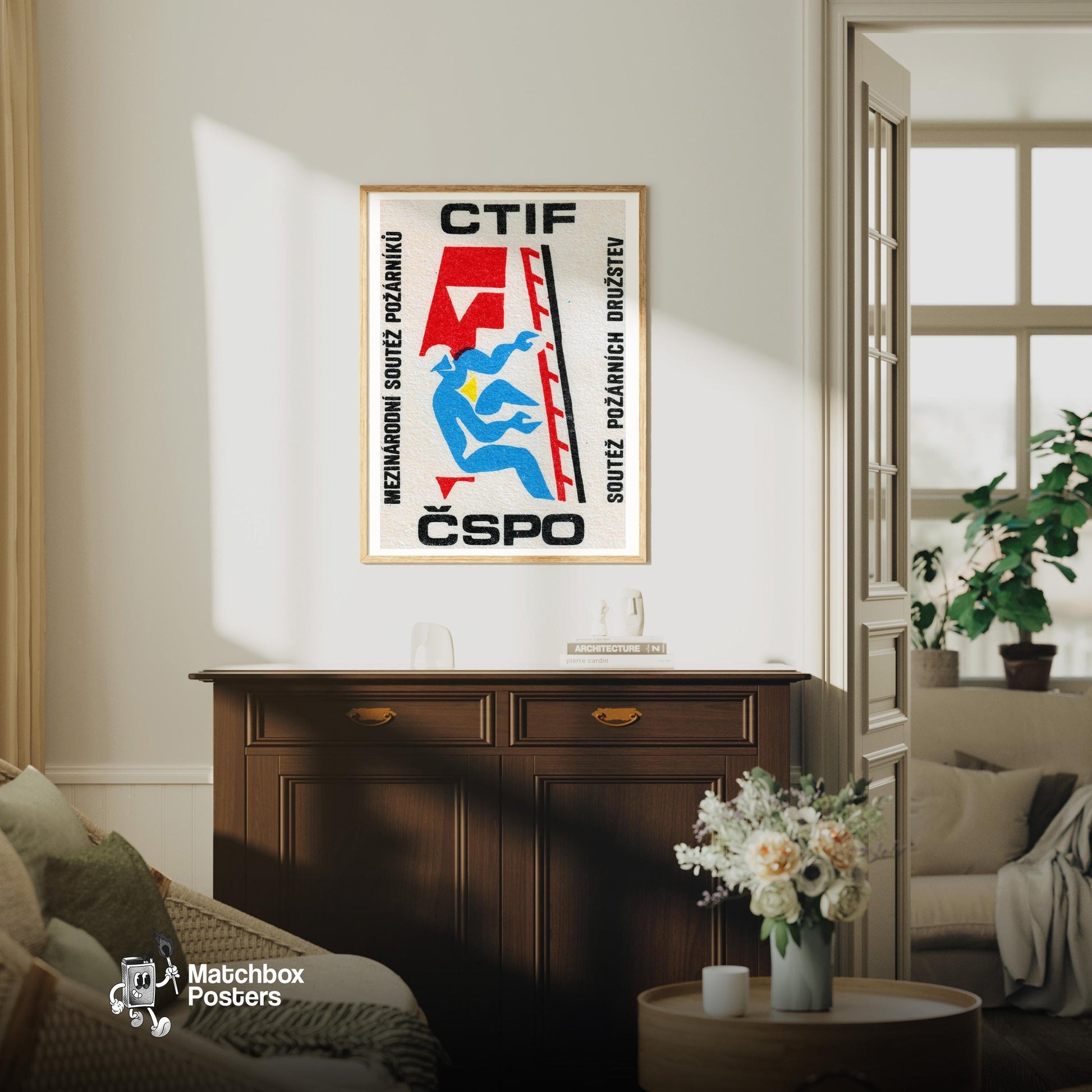 Firefighter - vintage matchbox label print - living room mockup