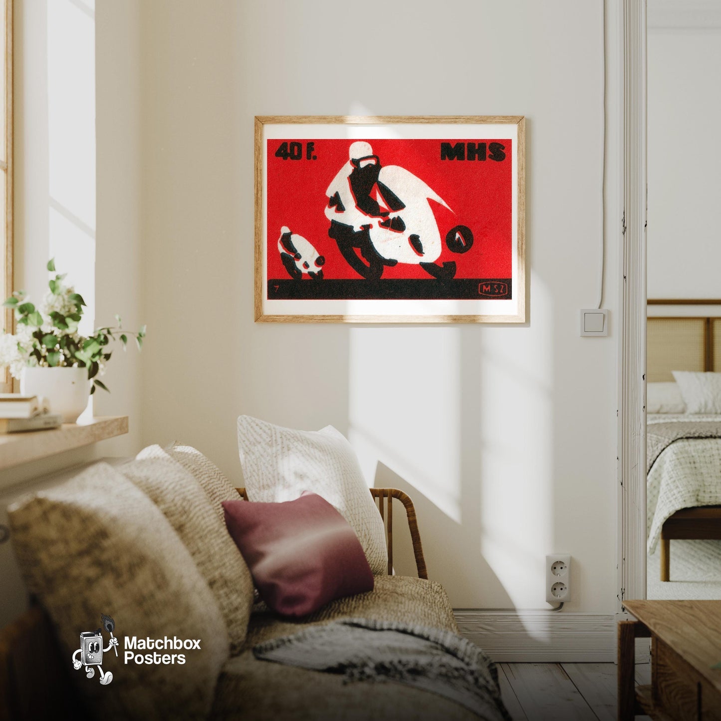 Motorbike Race - vintage matchbox label print - living room mockup