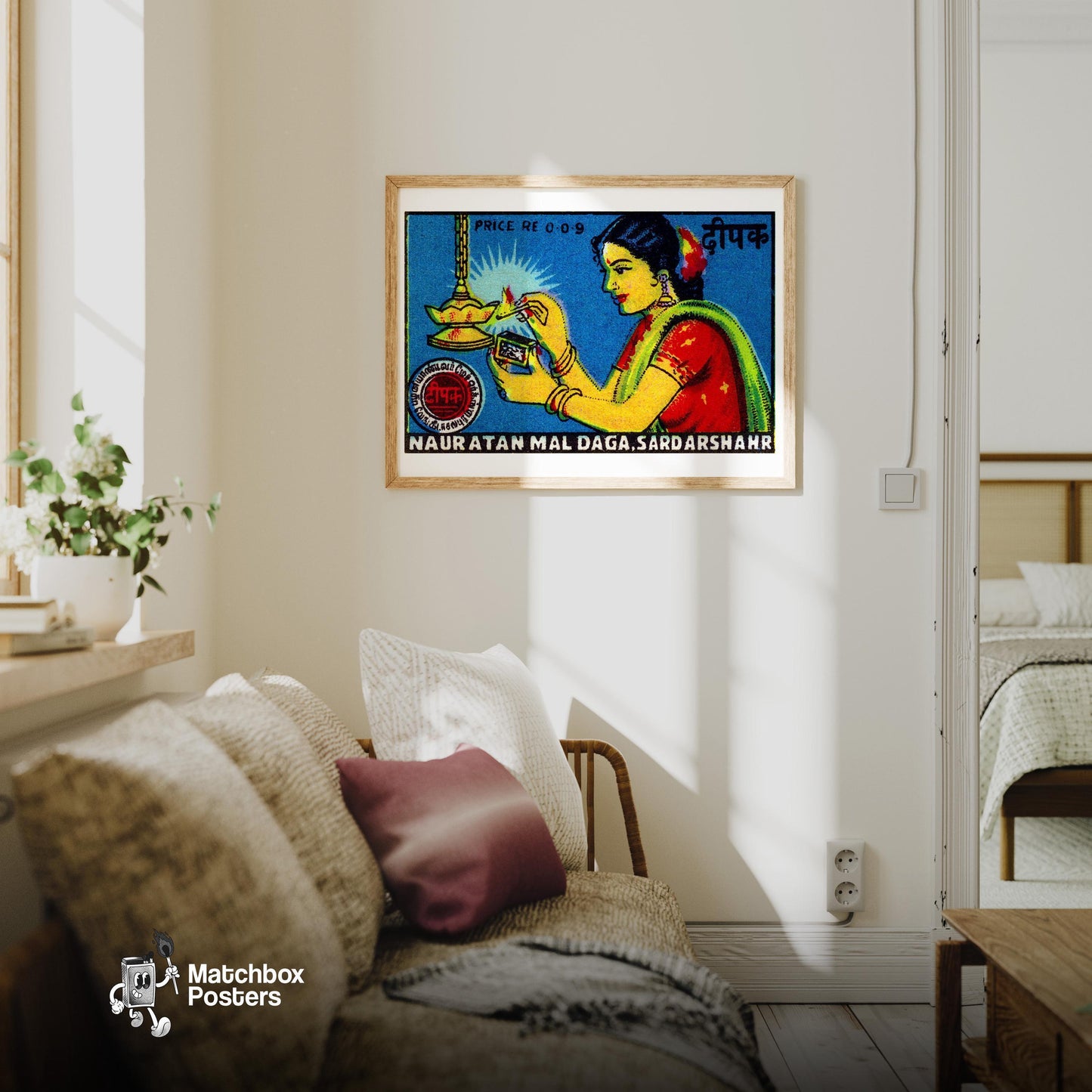 Indian Woman Lighting Lamp - vintage matchbox label print - living room mockup