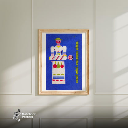 Folk Mom Holding Child - vintage matchbox label print - bedroom mockup