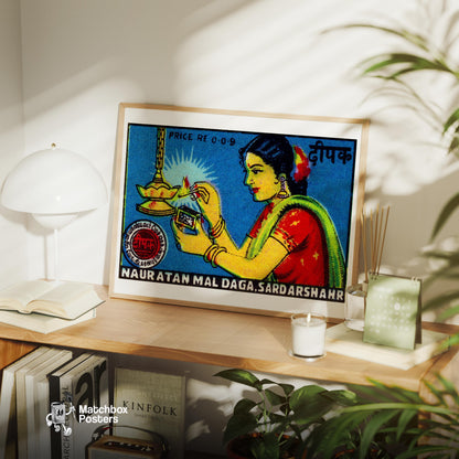 Indian Woman Lighting Lamp - vintage matchbox label print - office wall