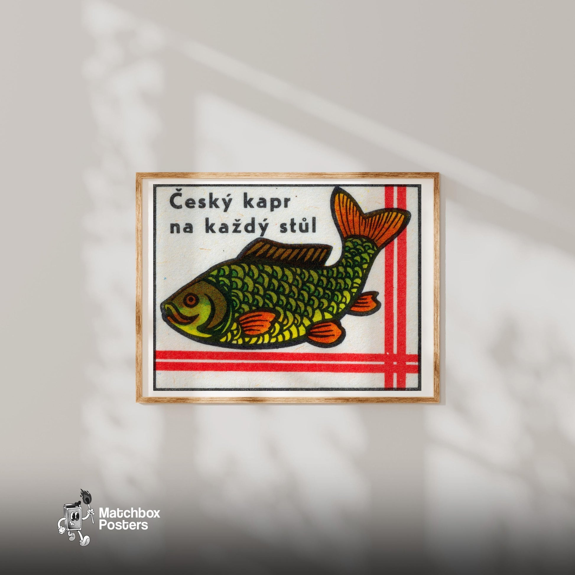 Carp Fish - vintage matchbox label print - bedroom mockup