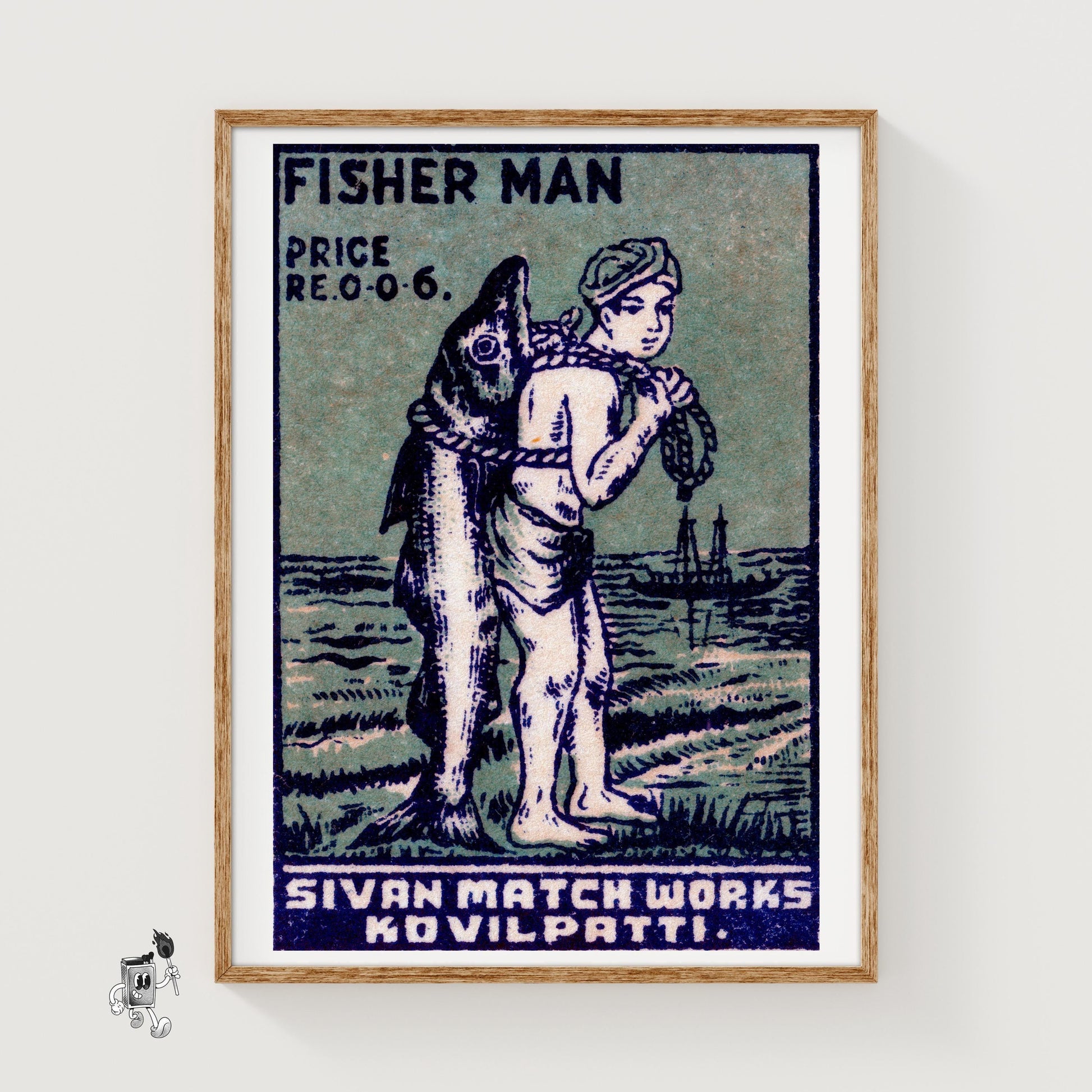 Fisherman - vintage matchbox label print