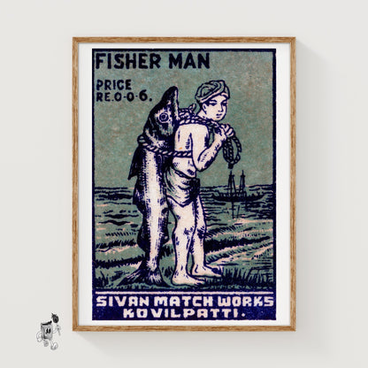 Fisherman - vintage matchbox label print