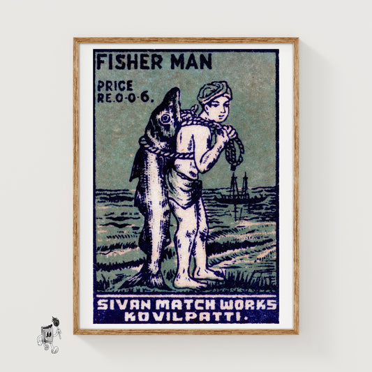 Fisherman - vintage matchbox label print