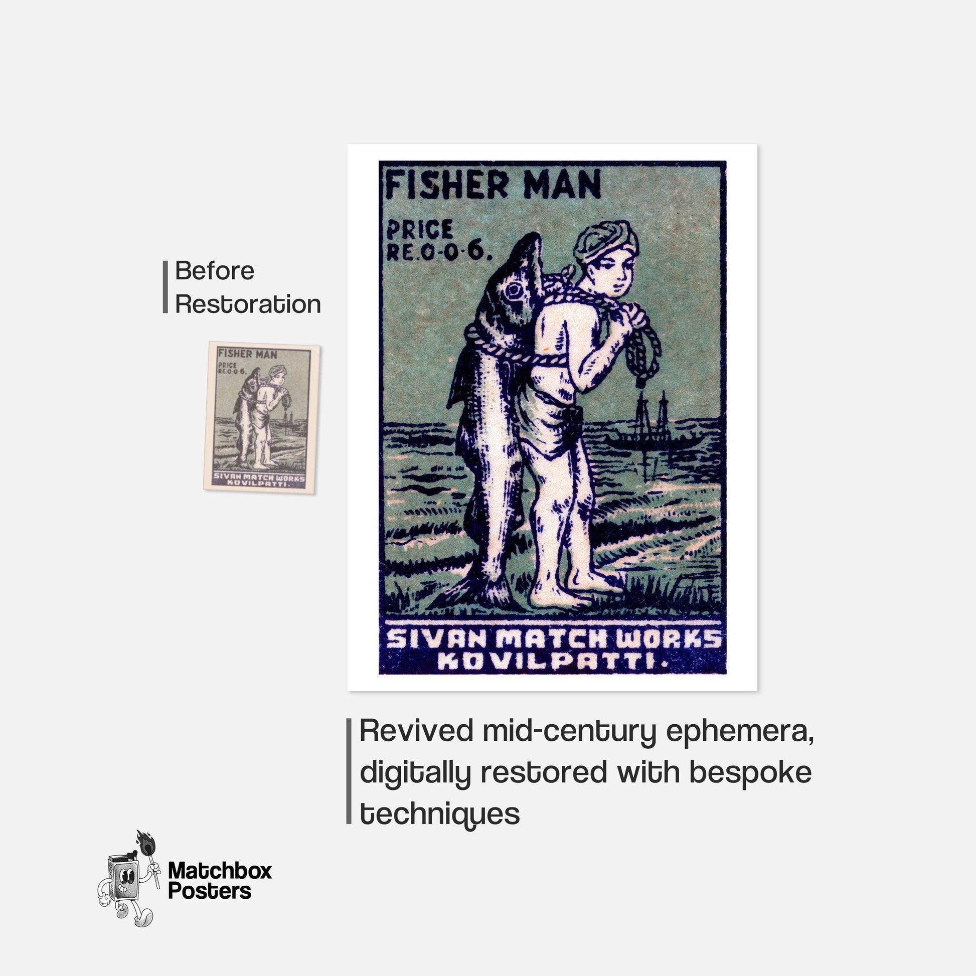 Fisherman - vintage matchbox label print - framed wall art preview