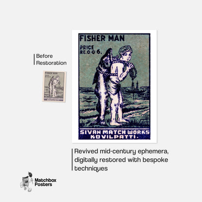 Fisherman - vintage matchbox label print - framed wall art preview