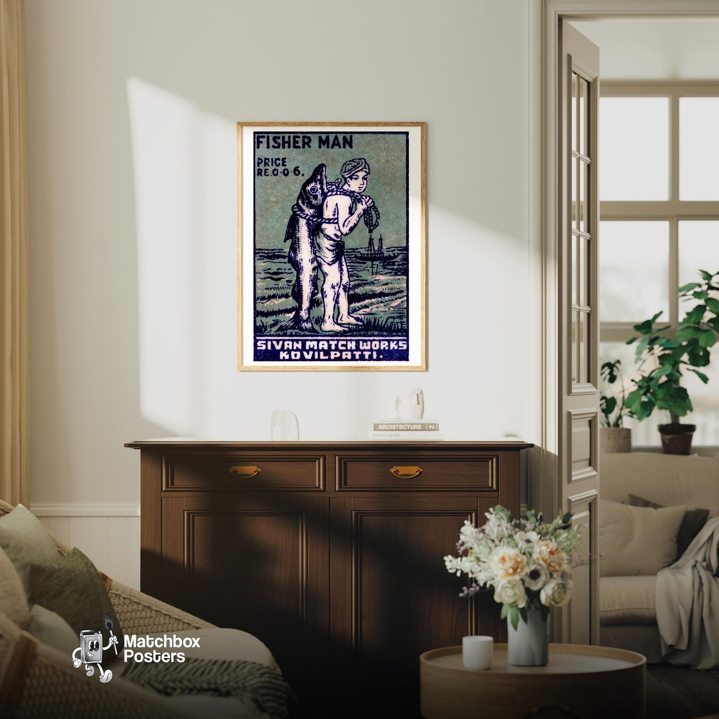 Fisherman - vintage matchbox label print - living room mockup