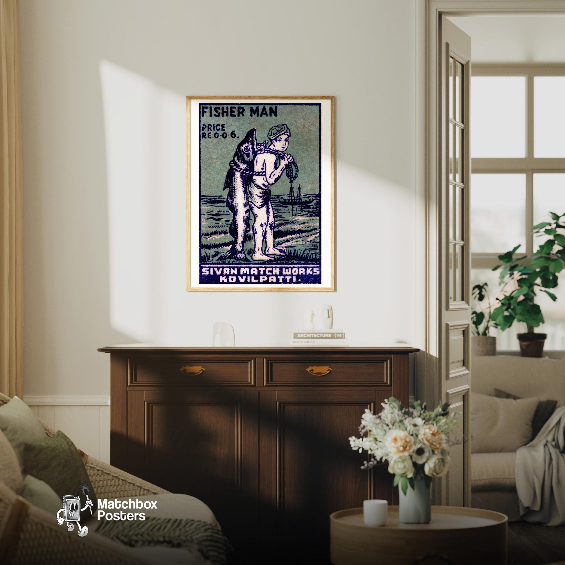 Fisherman - vintage matchbox label print - living room mockup