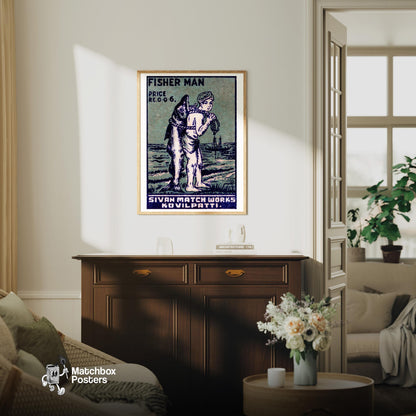 Fisherman - vintage matchbox label print - living room mockup