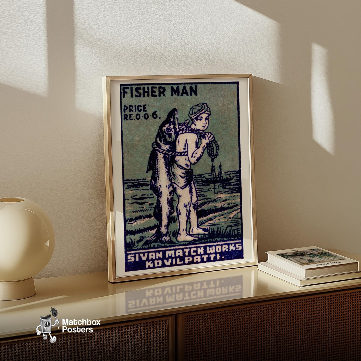 Fisherman - vintage matchbox label print - size comparison