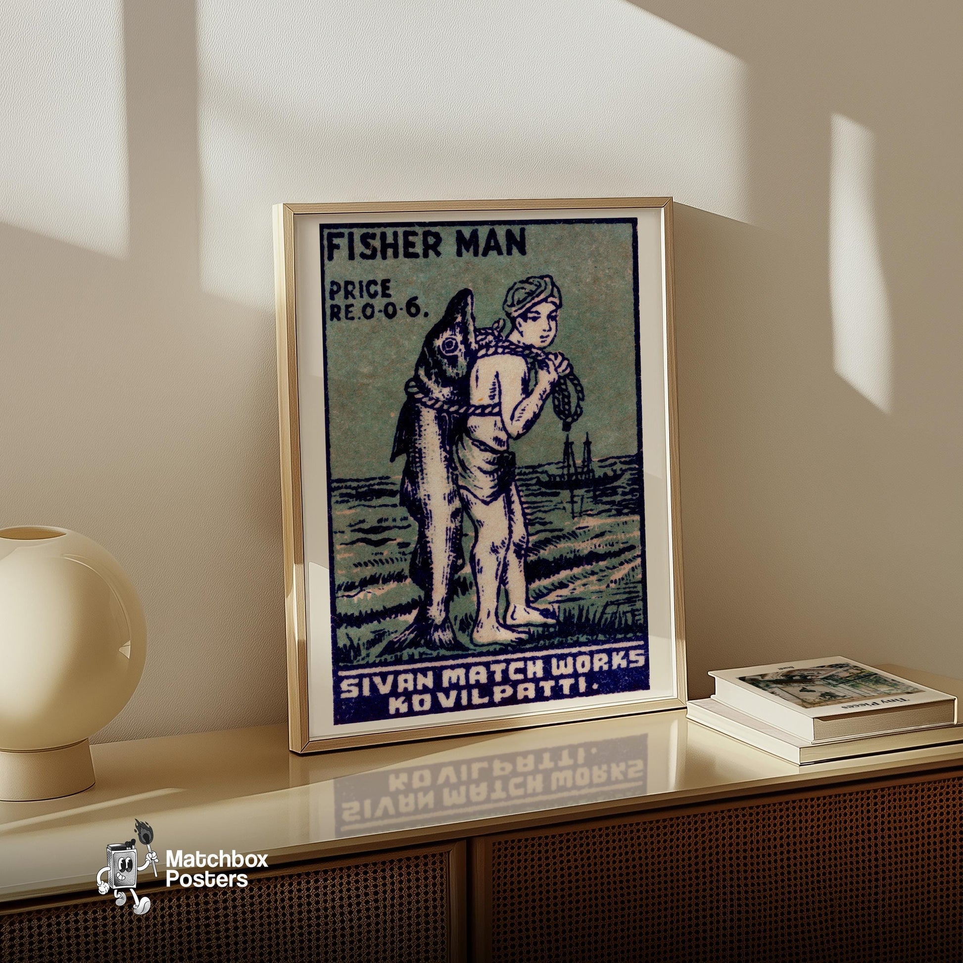 Fisherman - vintage matchbox label print - size comparison
