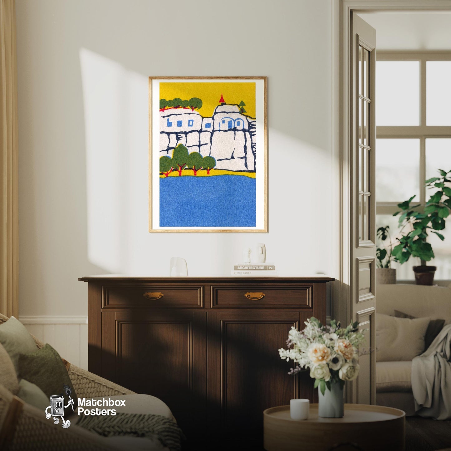Cliffside Castle - vintage matchbox label print - living room mockup