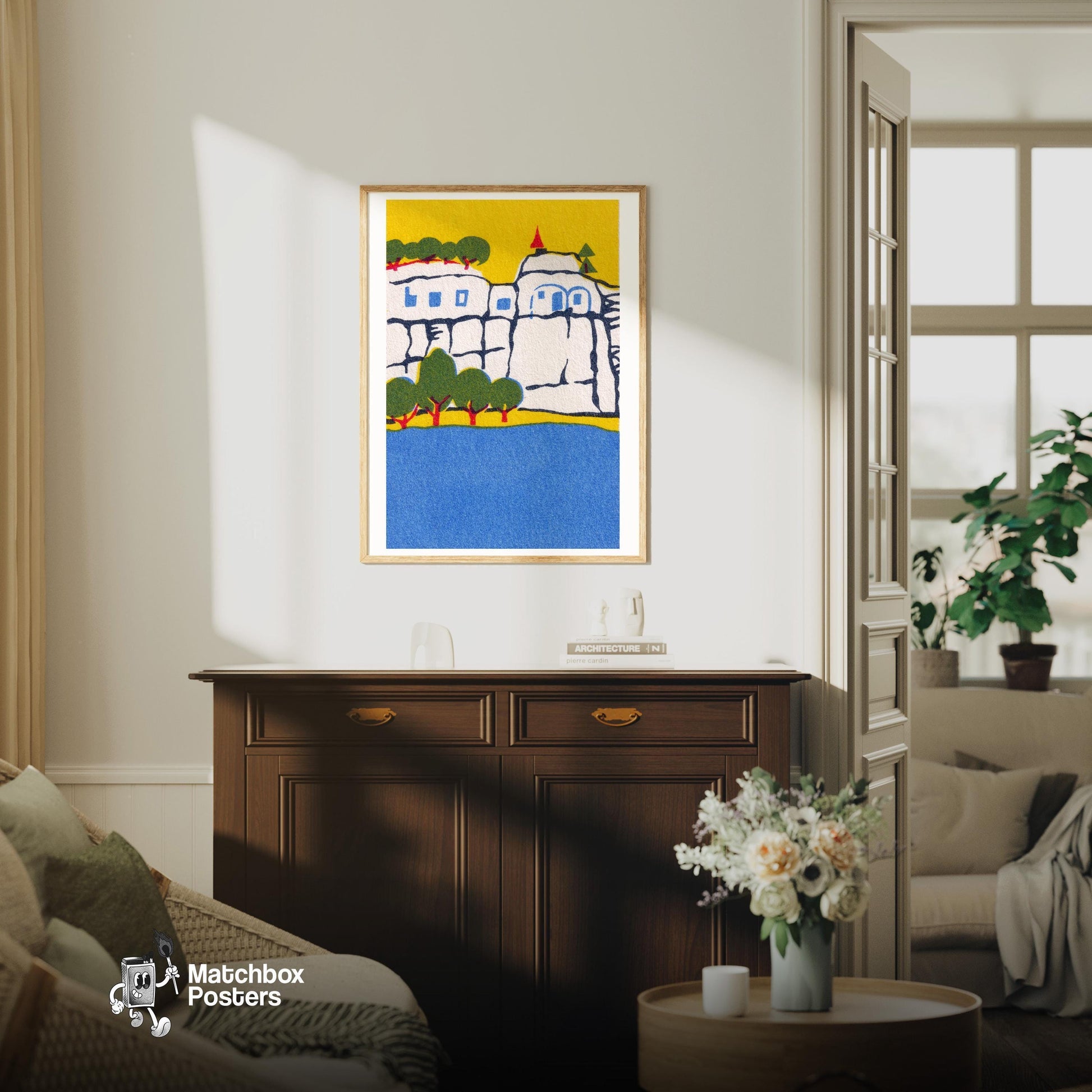 Cliffside Castle - vintage matchbox label print - living room mockup
