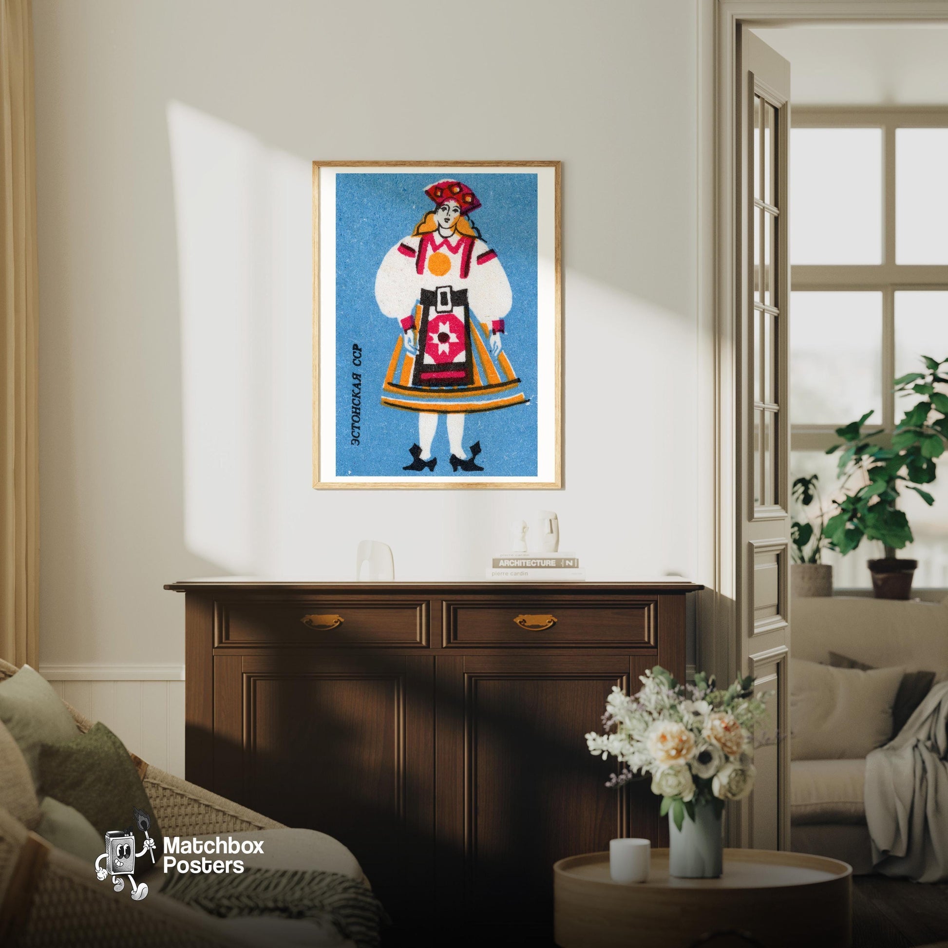 Estonian Woman - vintage matchbox label print - living room mockup