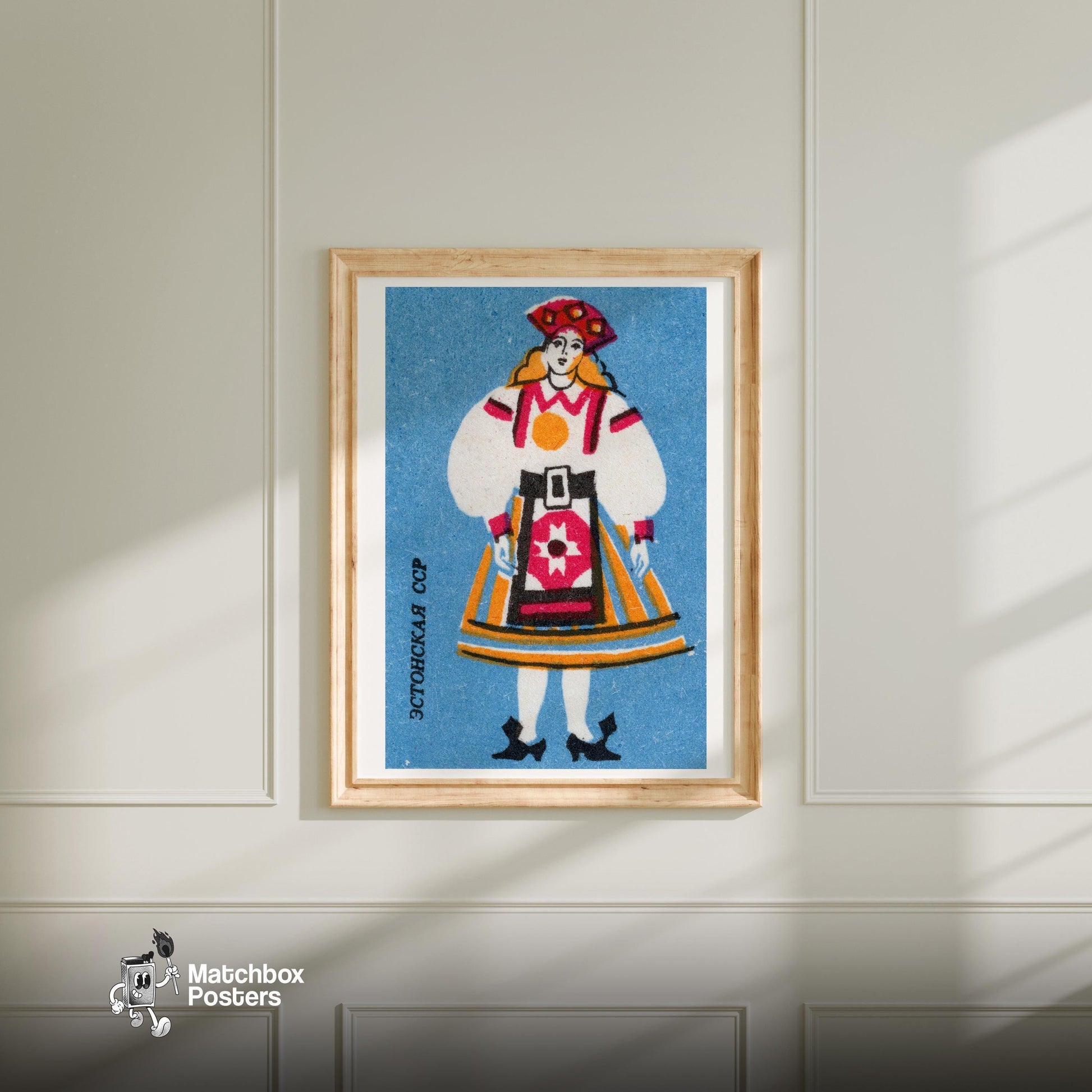Estonian Woman - vintage matchbox label print - bedroom mockup