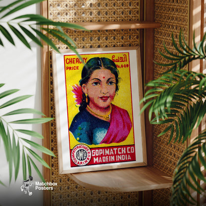 Indian Woman - vintage matchbox label print - office wall