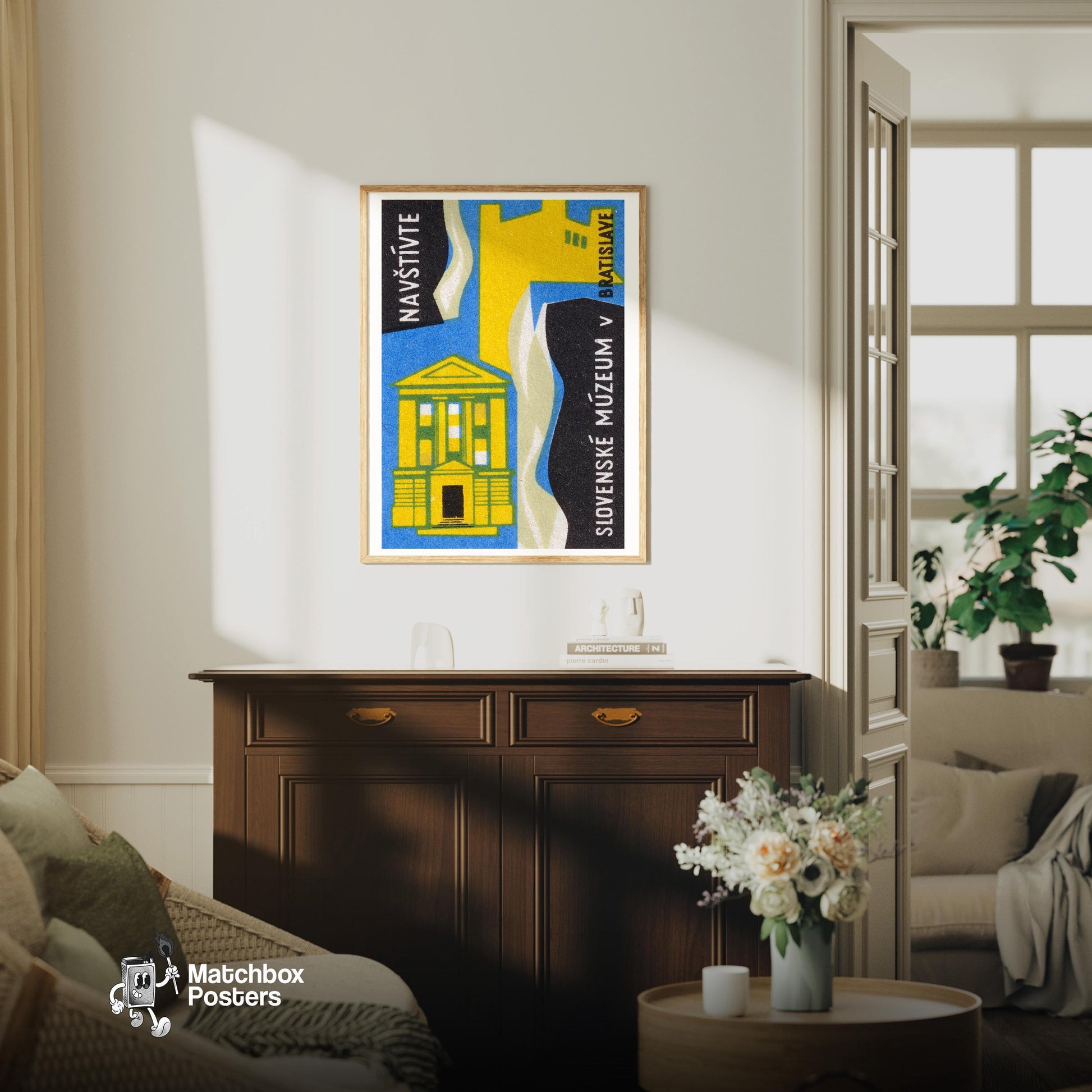 Slovak Museum - vintage matchbox label print - living room mockup