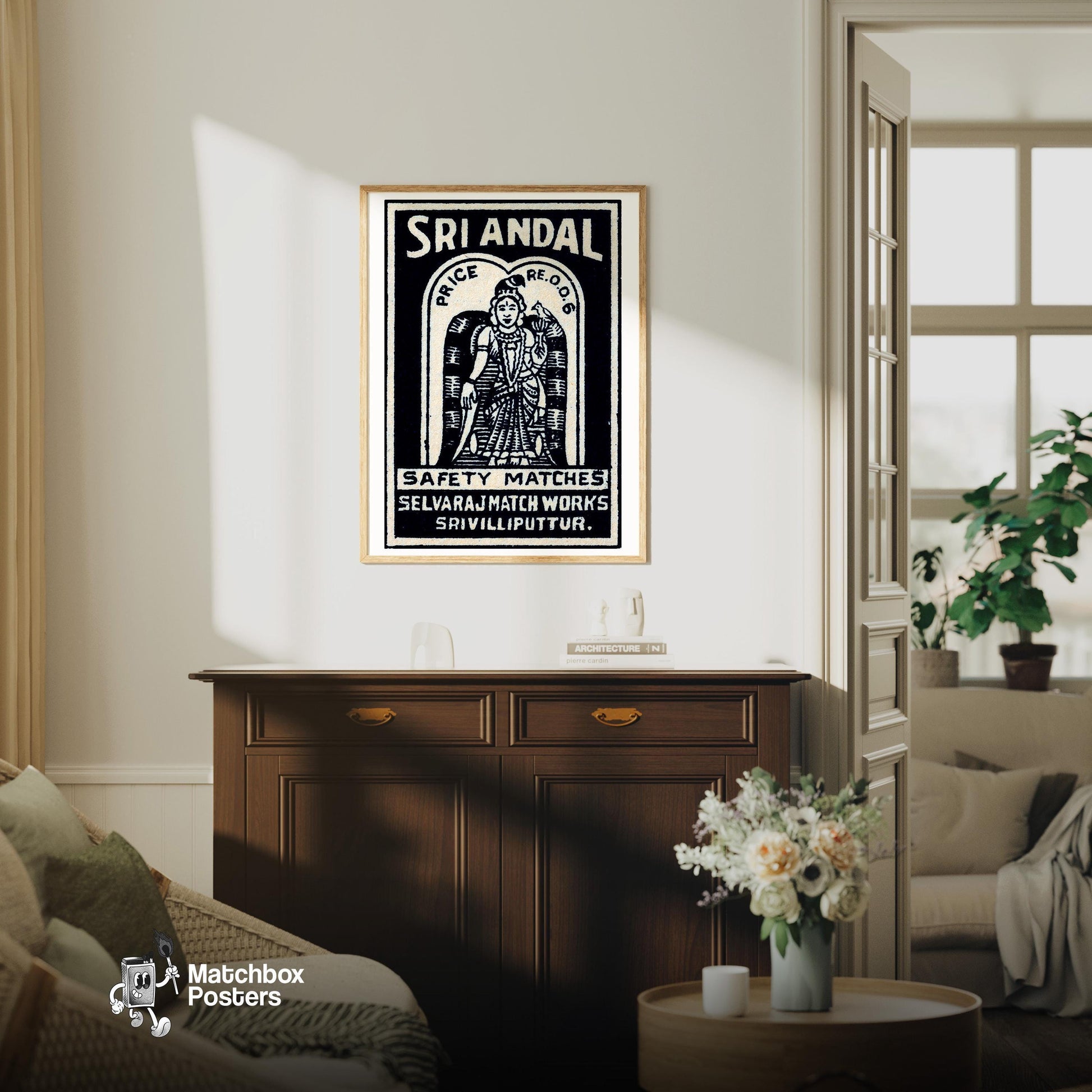 Indian Goddess with Bird - vintage matchbox label print - living room mockup