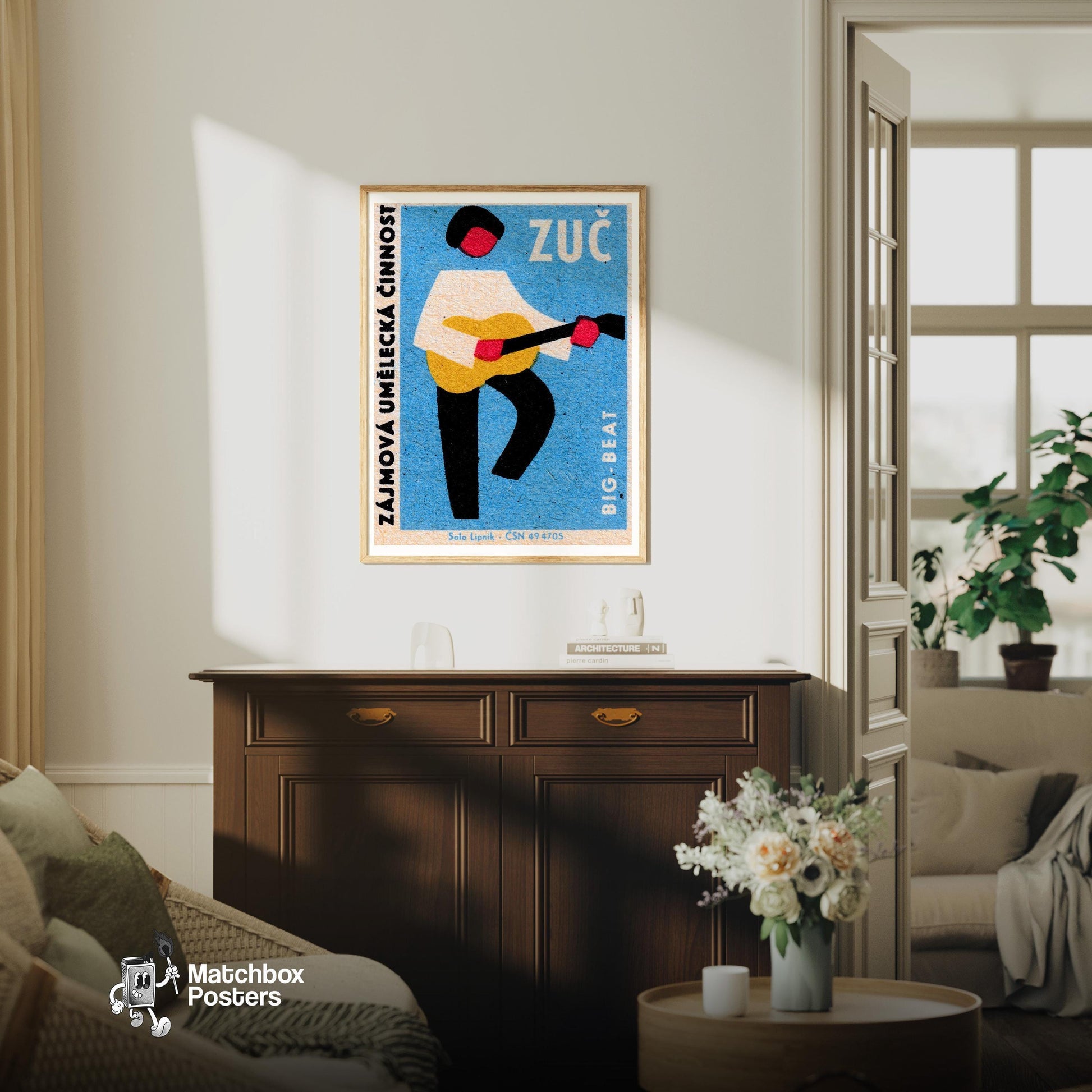 Guitarist - vintage matchbox label print - living room mockup