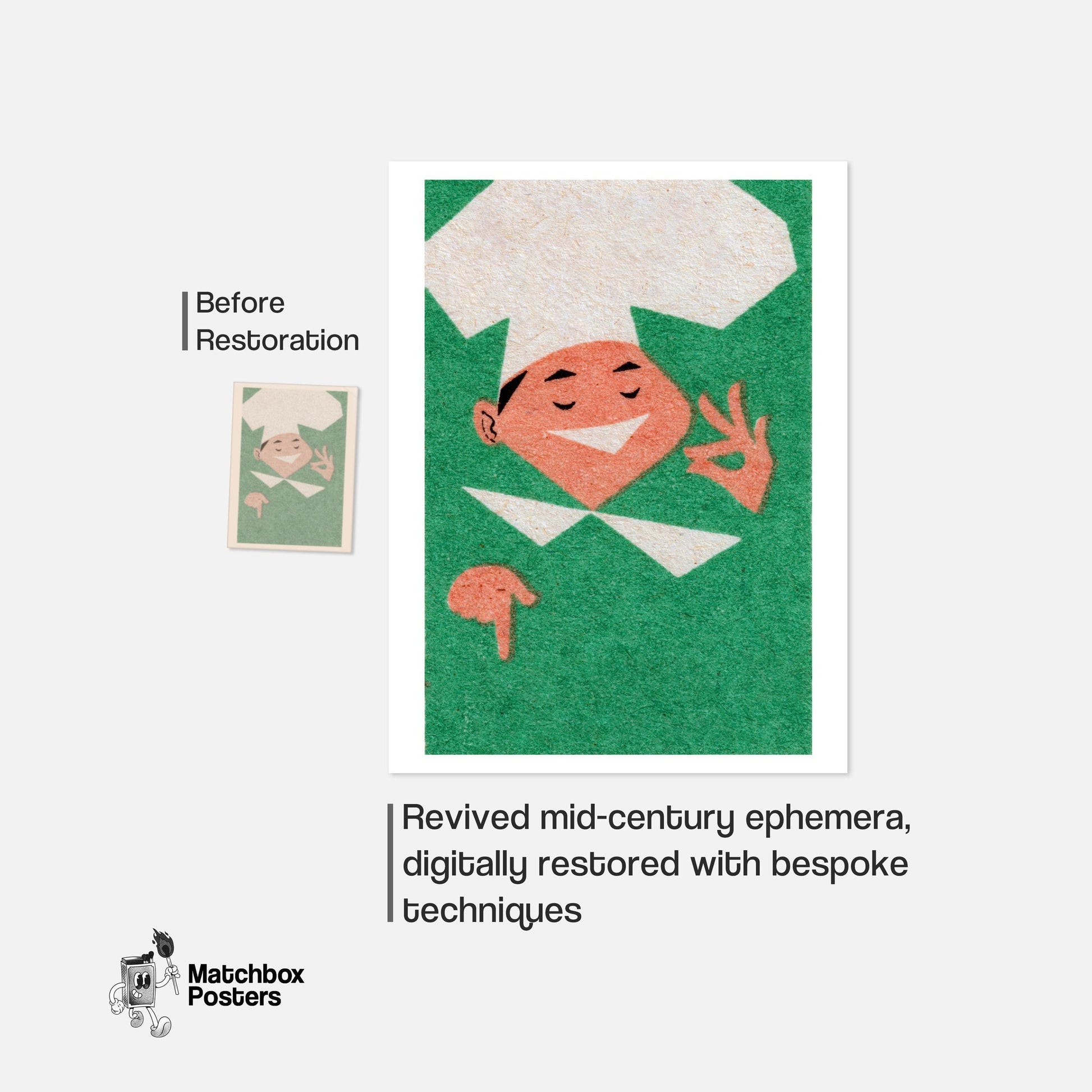 Smiling Chef - vintage matchbox label print - framed wall art preview