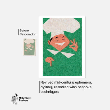 Smiling Chef - vintage matchbox label print - framed wall art preview