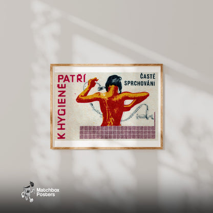 Woman Showering - vintage matchbox label print - bedroom mockup