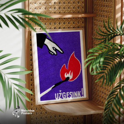 Hand Pointing at Flame - vintage matchbox label print - office wall