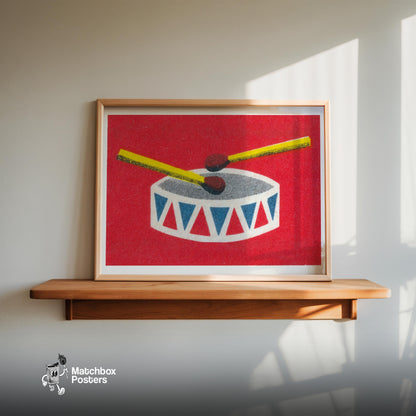 Drum Matchbox Wall Poster - vintage matchbox label print - size comparison