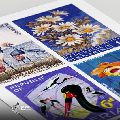 Blue Postage Stamps Collage