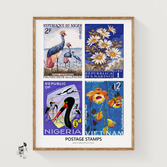 Blue Postage Stamps Collage
